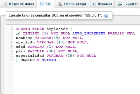 Crear tabla con código SQL en phpMyAdmin