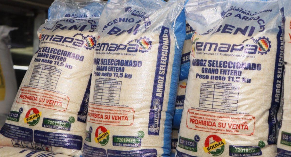 Emapa comercializa la bolsa arrobera de arroz en 50,50 bolivianos. Foto: Emapa